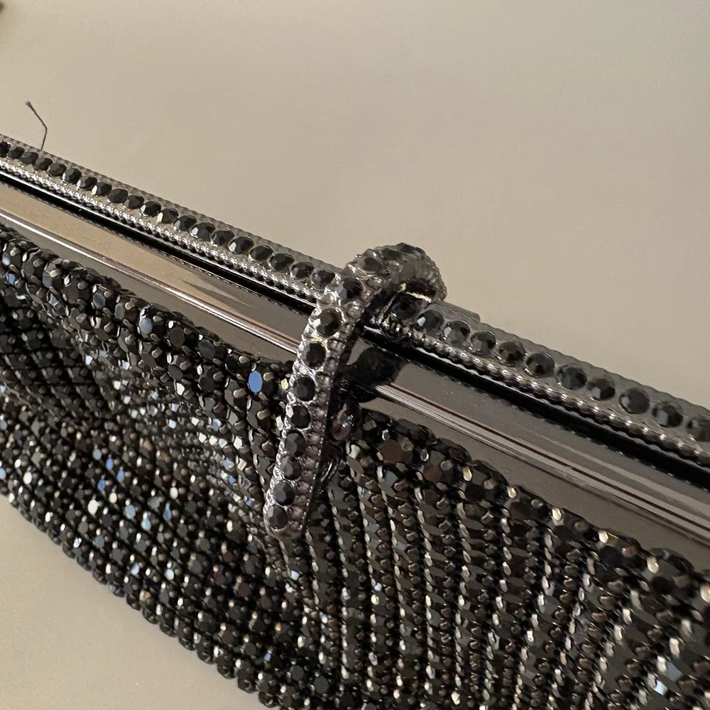 NEW Natasha Crystal Evening Purse Clutch Black Convertible Prong Set Stones